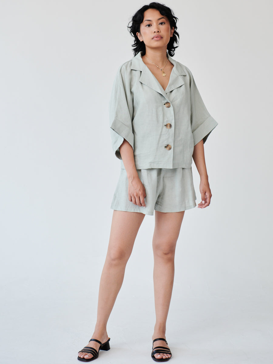 Fanfare Label's sustainable women's 100% OEKO -TEX linen mint green short sleeved co-ord set with shorts