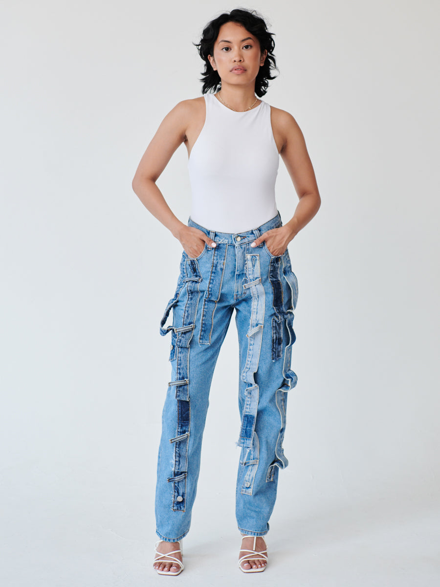 High Waisted Organic & Recycled Denim Trimmed Blue Jeans