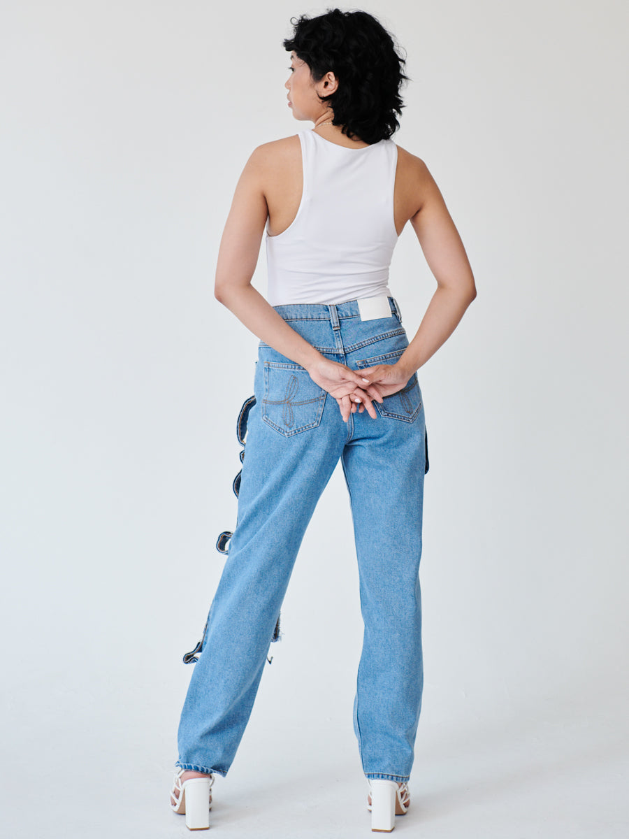 High Waisted Organic & Recycled Denim Trimmed Blue Jeans