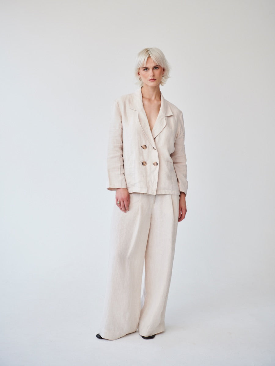 Ethically Made Double Breasted Beige Linen Suit with Wide Leg Trouser. Sustainable clothing brand Fanfare Label
