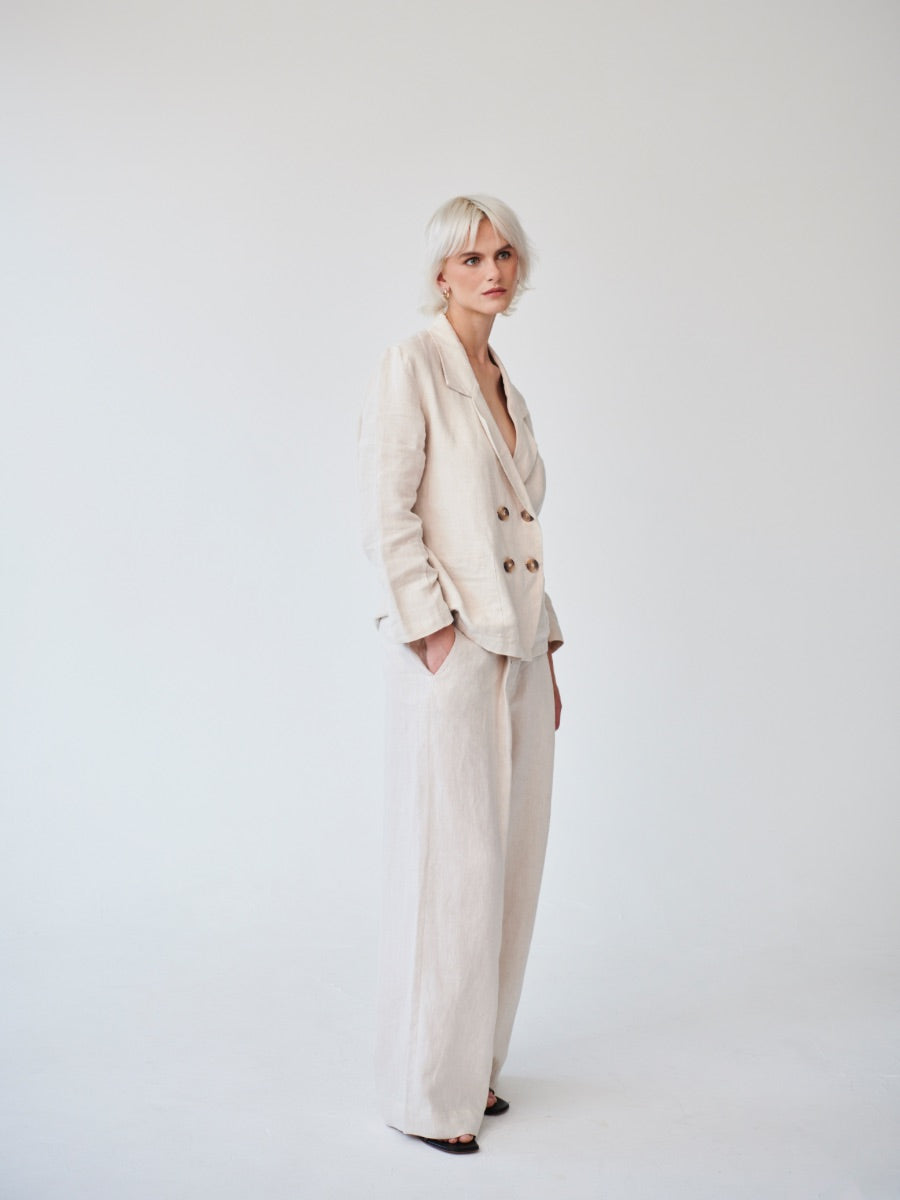 Ethically Made Double Breasted Beige Linen Suit with Wide Leg Trouser. Sustainable clothing brand Fanfare Label