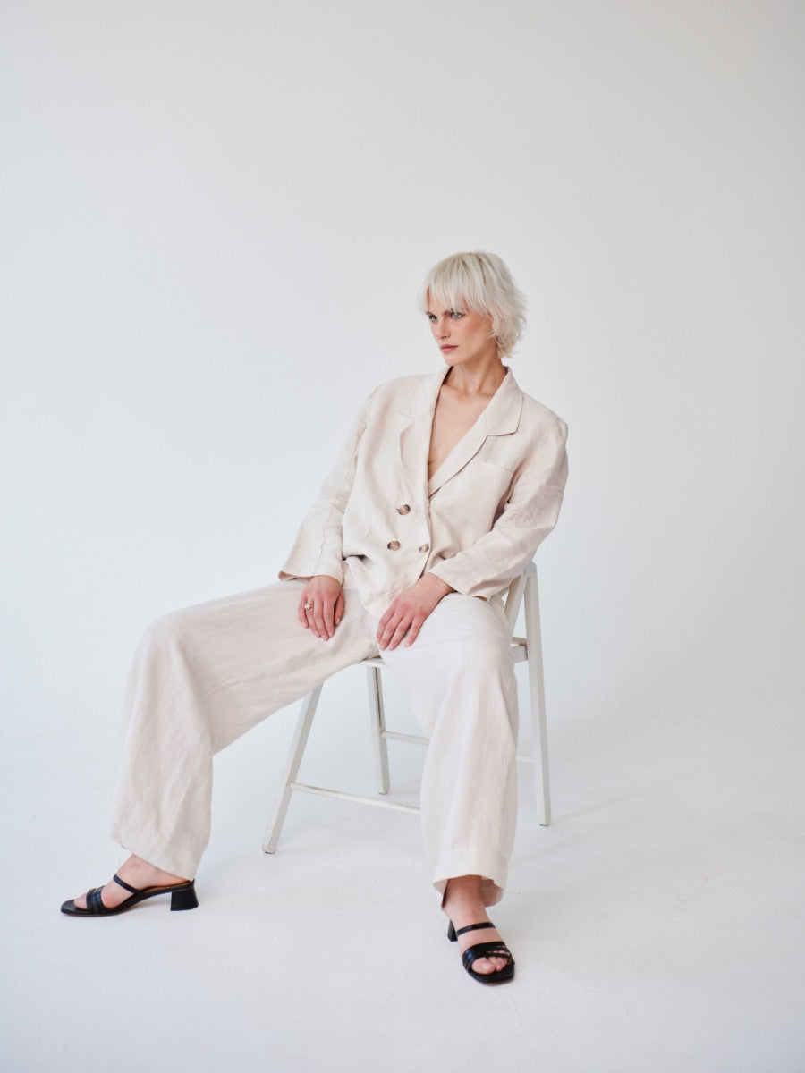 Ethically Made Double Breasted Beige Linen Suit with Wide Leg Trouser. Sustainable clothing brand Fanfare Label
