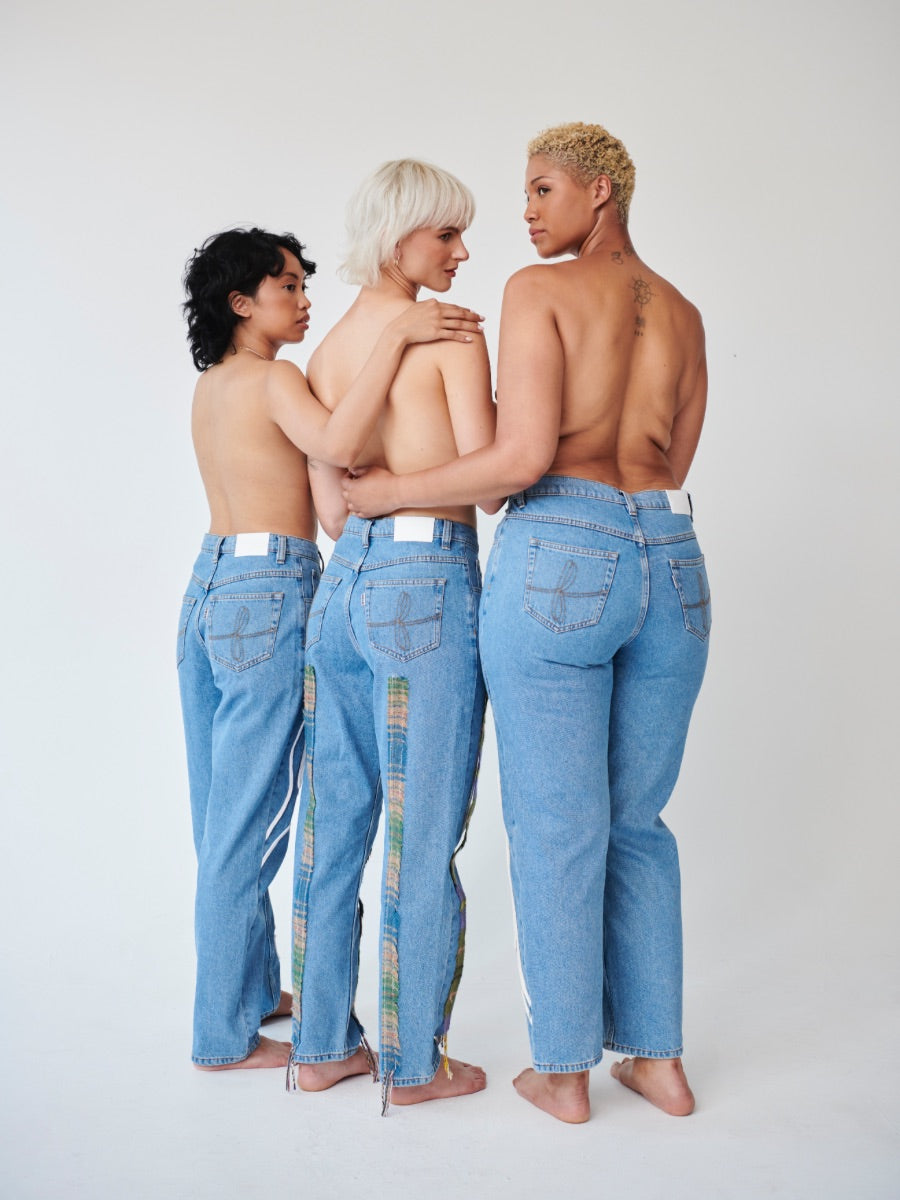 High Waisted Organic & Recycled Stripe Wool Blue Jeans