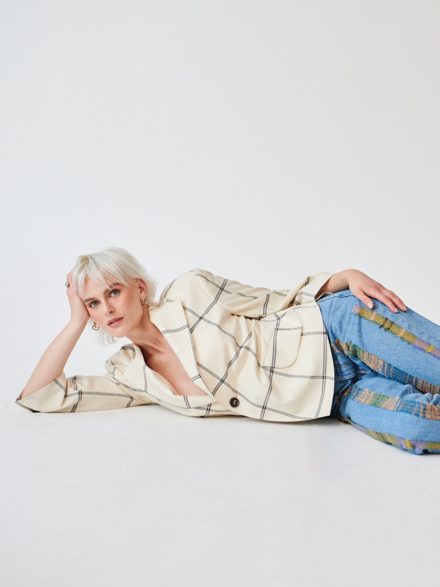 High Waisted Organic & Recycled Stripe Wool Blue Jeans