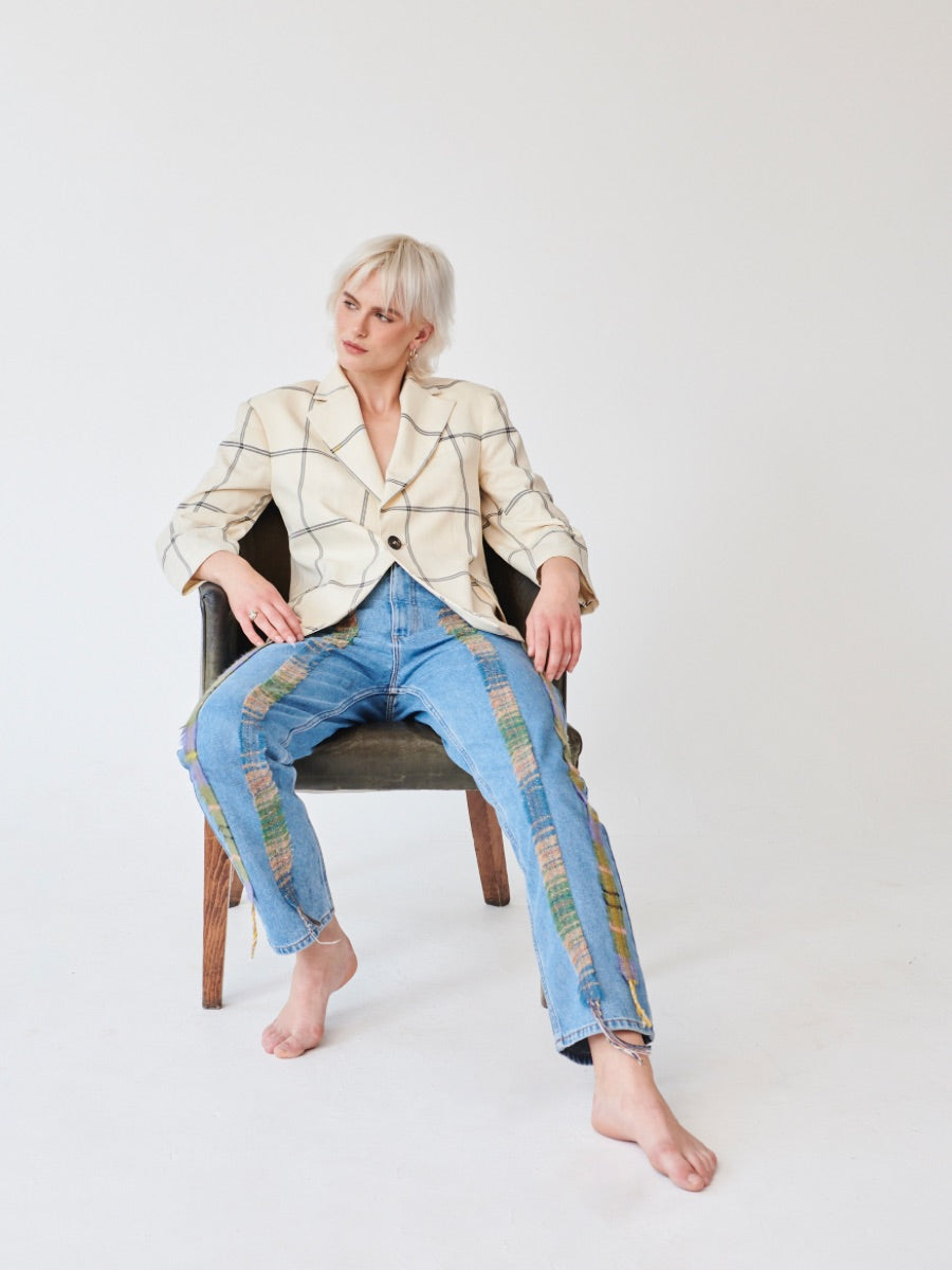 High Waisted Organic & Recycled Stripe Wool Blue Jeans
