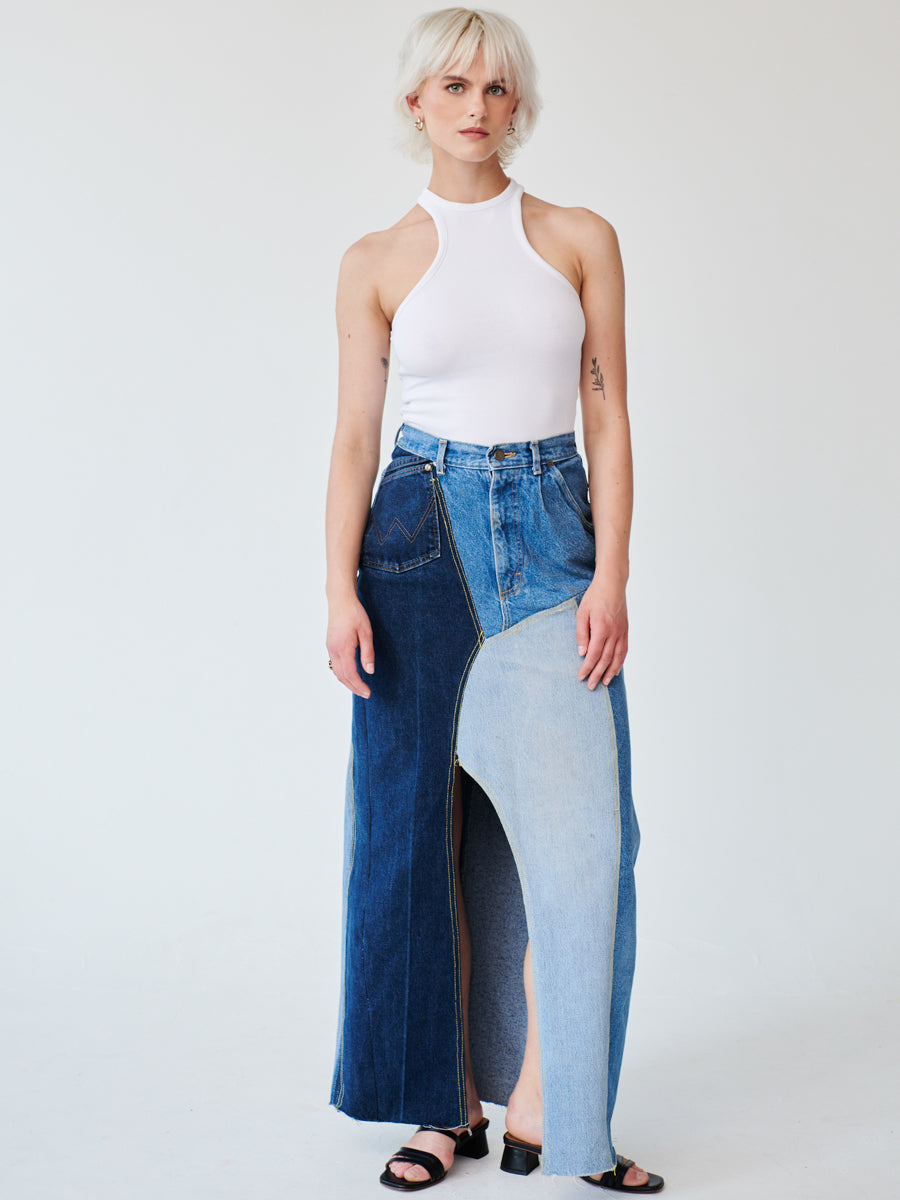 Embrace sustainability with our new upcycled denim maxi skirt. Crafted with love and a commitment to the environment, each skirt tells a unique story while reducing fashion waste.