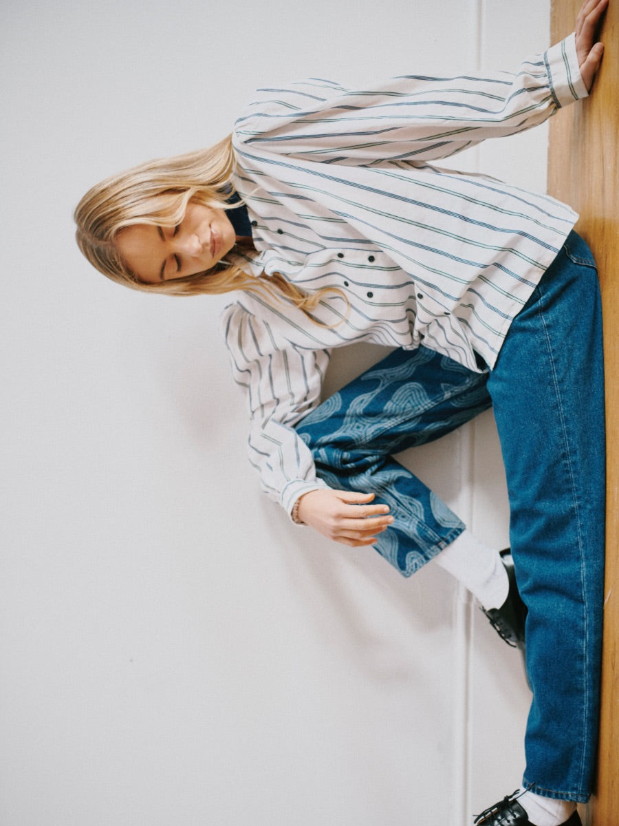 High Waisted Organic & Recycled Laser Coral Print Dark Blue Jeans