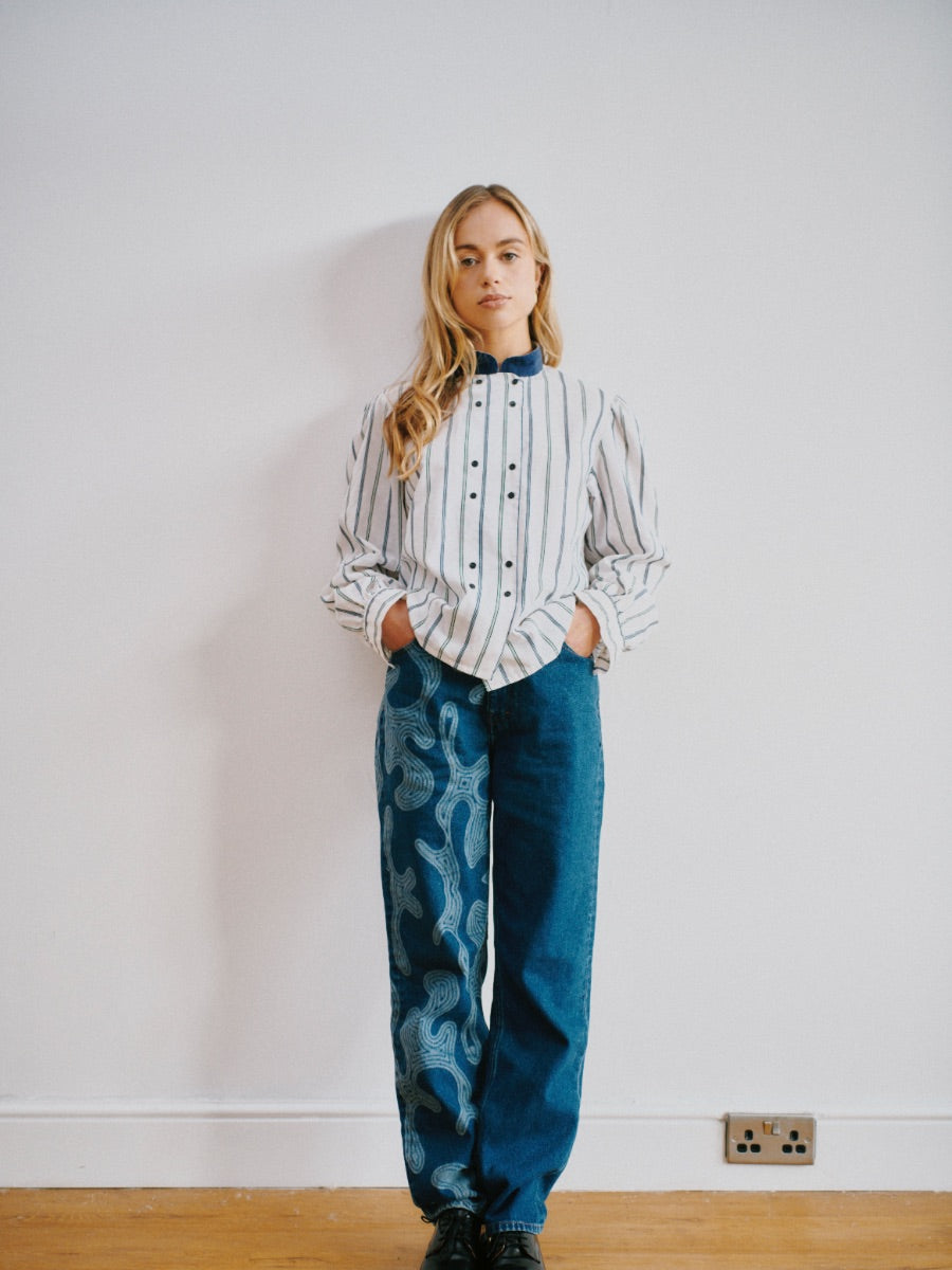 High Waisted Organic & Recycled Laser Coral Print Dark Blue Jeans