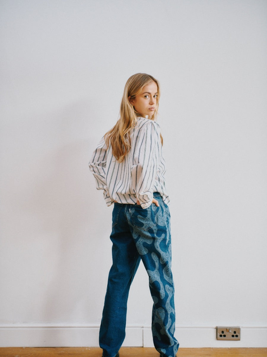 High Waisted Organic & Recycled Laser Coral Print Dark Blue Jeans