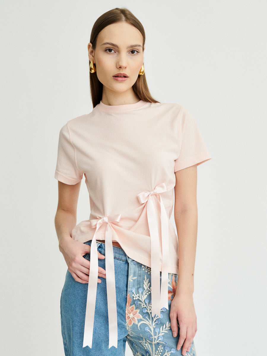 Women's Blush T-Shirt With Bows | Blossom Bow Top | Fanfare