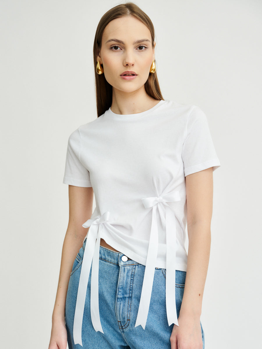 Women's White T-Shirt With Bows | Blossom Bow Top | Fanfare