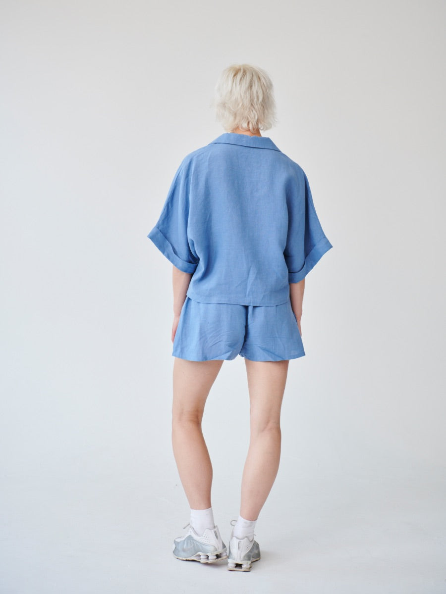 Women's Linen Shirt & Shorts Co-Ord Set in Blue | Fanfare