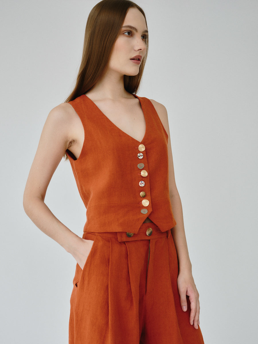 Women's Linen Waistcoat in Orange Co-ord Set - Main Image