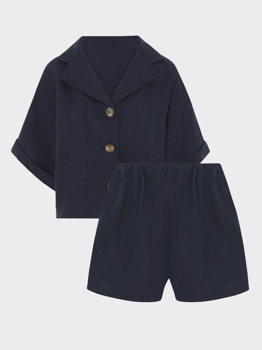 Womens Linen Shirt & Shorts Co-ord Set in Navy | Fanfare