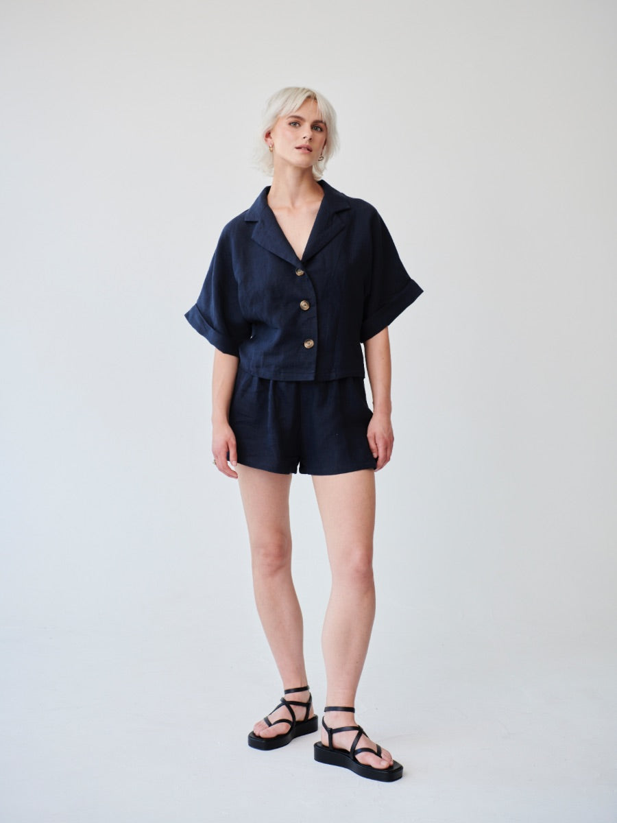 Womens Linen Shirt & Shorts Co-ord Set in Navy | Fanfare