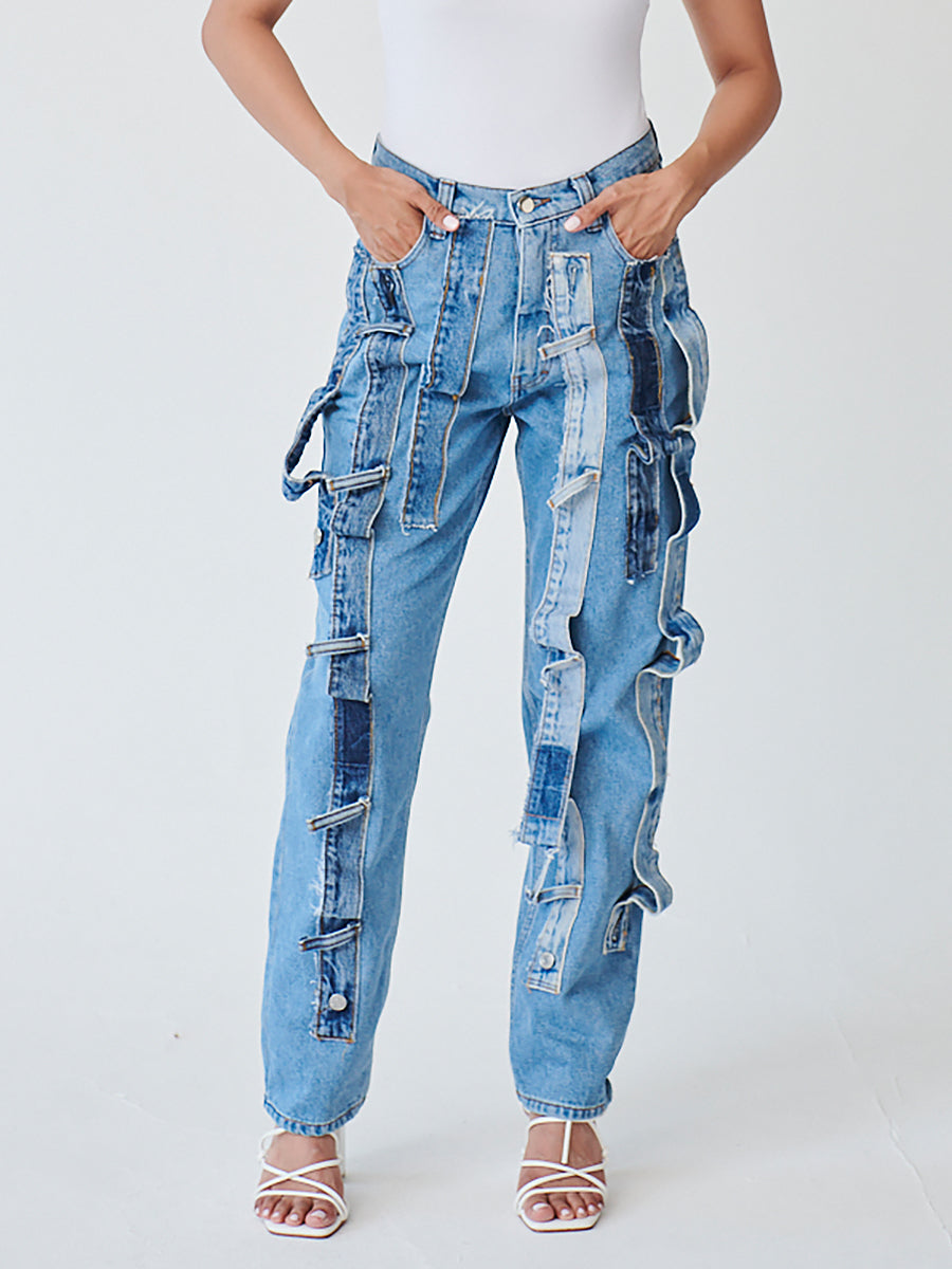 Women's High Waist Denim Trimmed Jeans Recycled Denim Fanfare