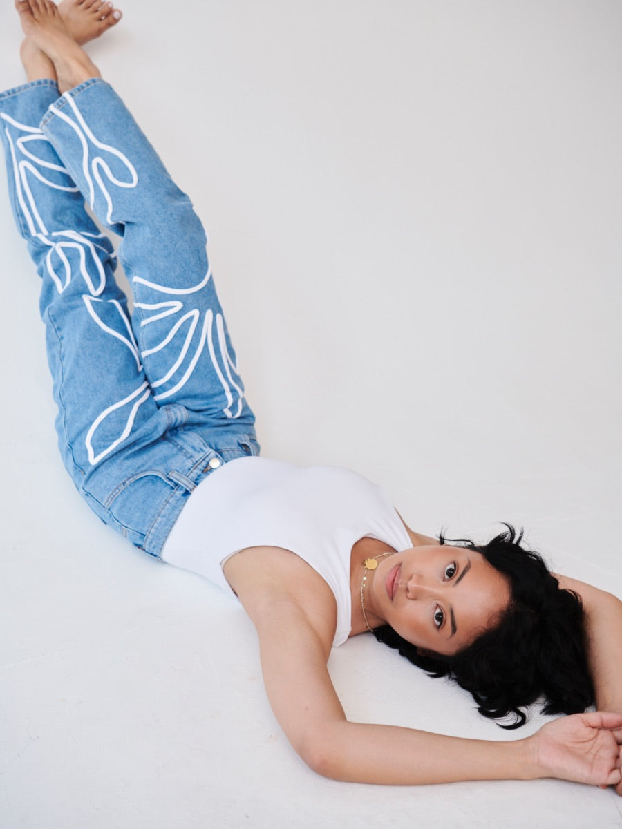 Women's High Waist Blue Jeans | Floral Trim | Sustainable| Fanfare