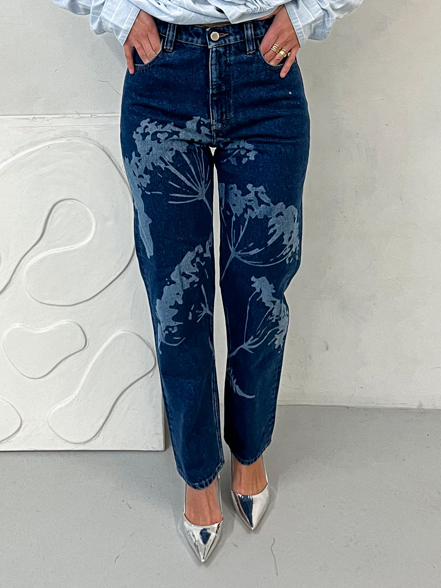 Women's High Waist Dark Blue Jeans Laser Print Sustainable