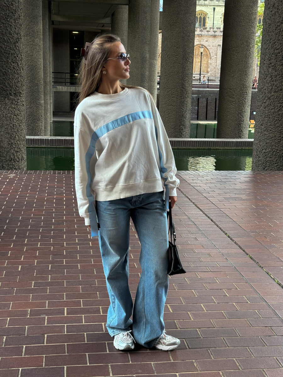 White Jumper With Blue Stripe