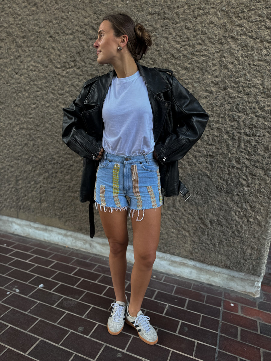 High Waisted Upcycled Multiple Stripe Wool Shorts in Blue Denim