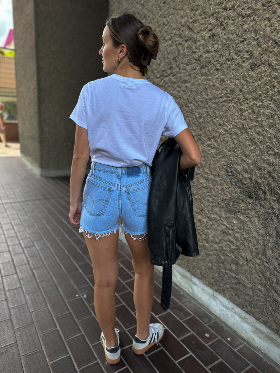 High Waisted Upcycled Multiple Stripe Wool Shorts in Blue Denim