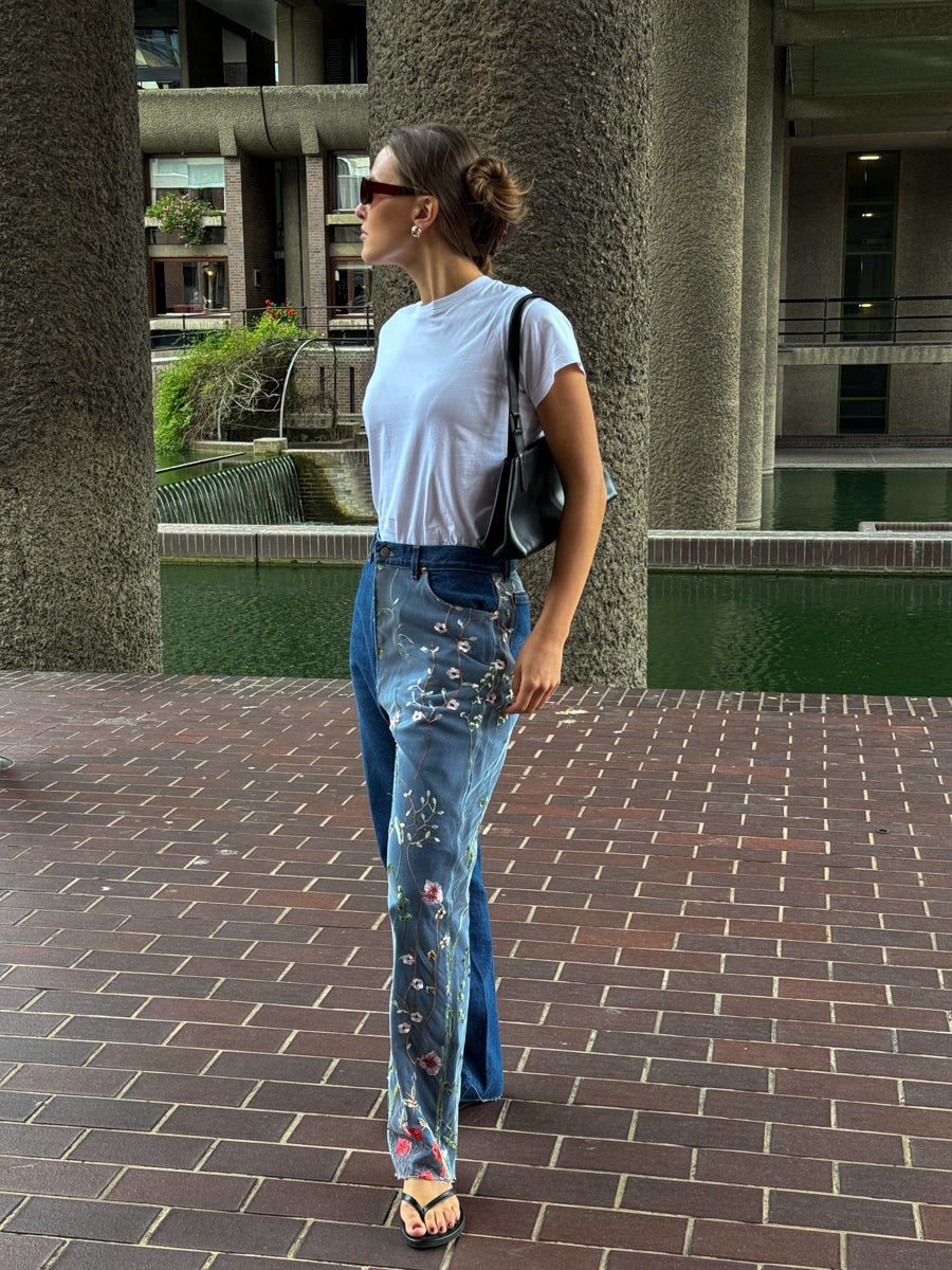 High Waisted Embroidery Dark Blue Jeans