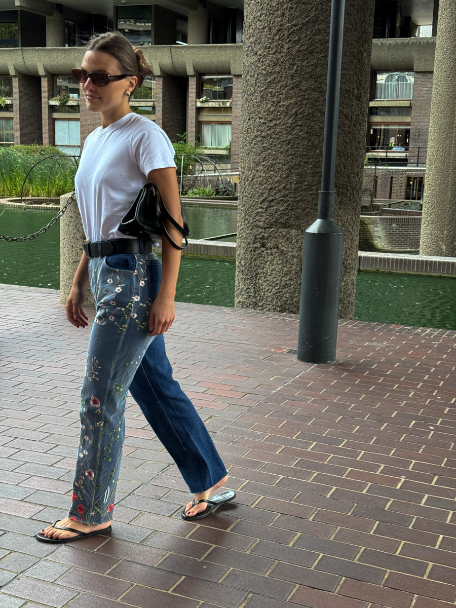 High Waisted Embroidery Dark Blue Jeans
