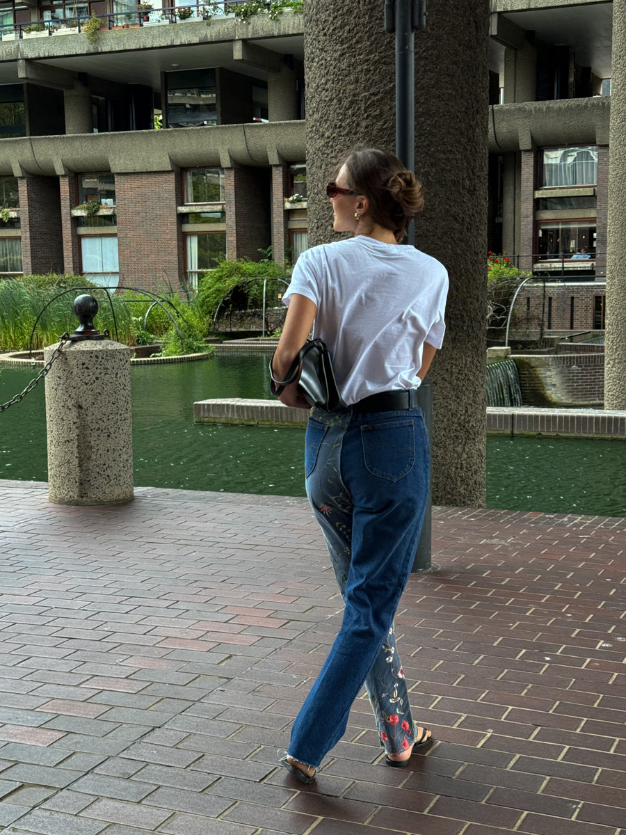 High Waisted Embroidery Dark Blue Jeans