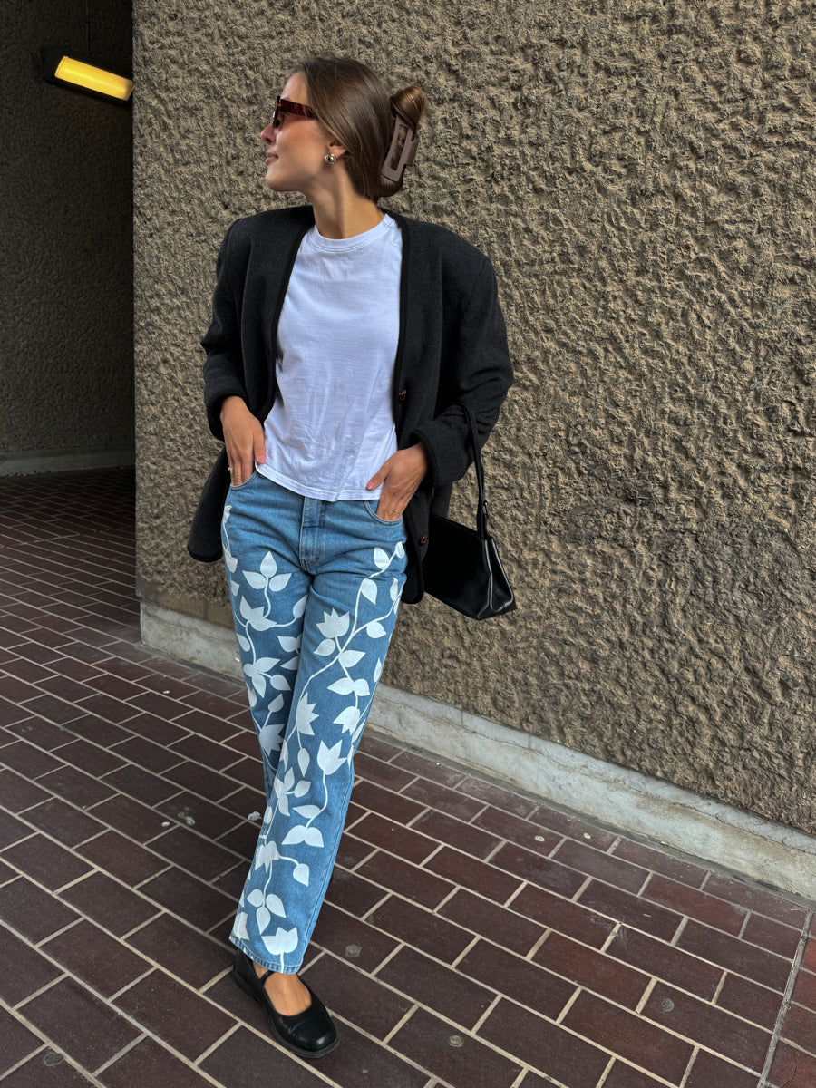 High Waisted Upcycled White Petal Jeans