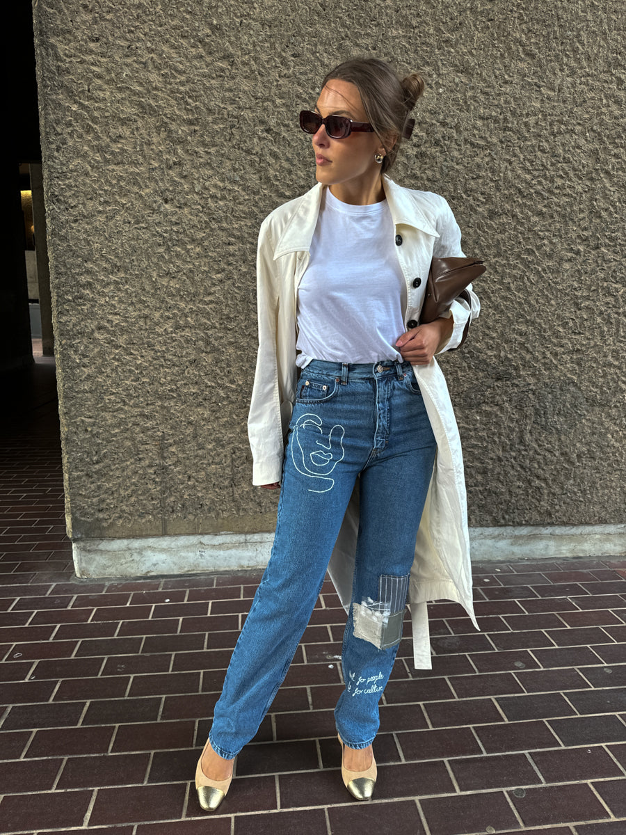 Embroidered & Patchwork Upcycled Jeans in Blue Denim