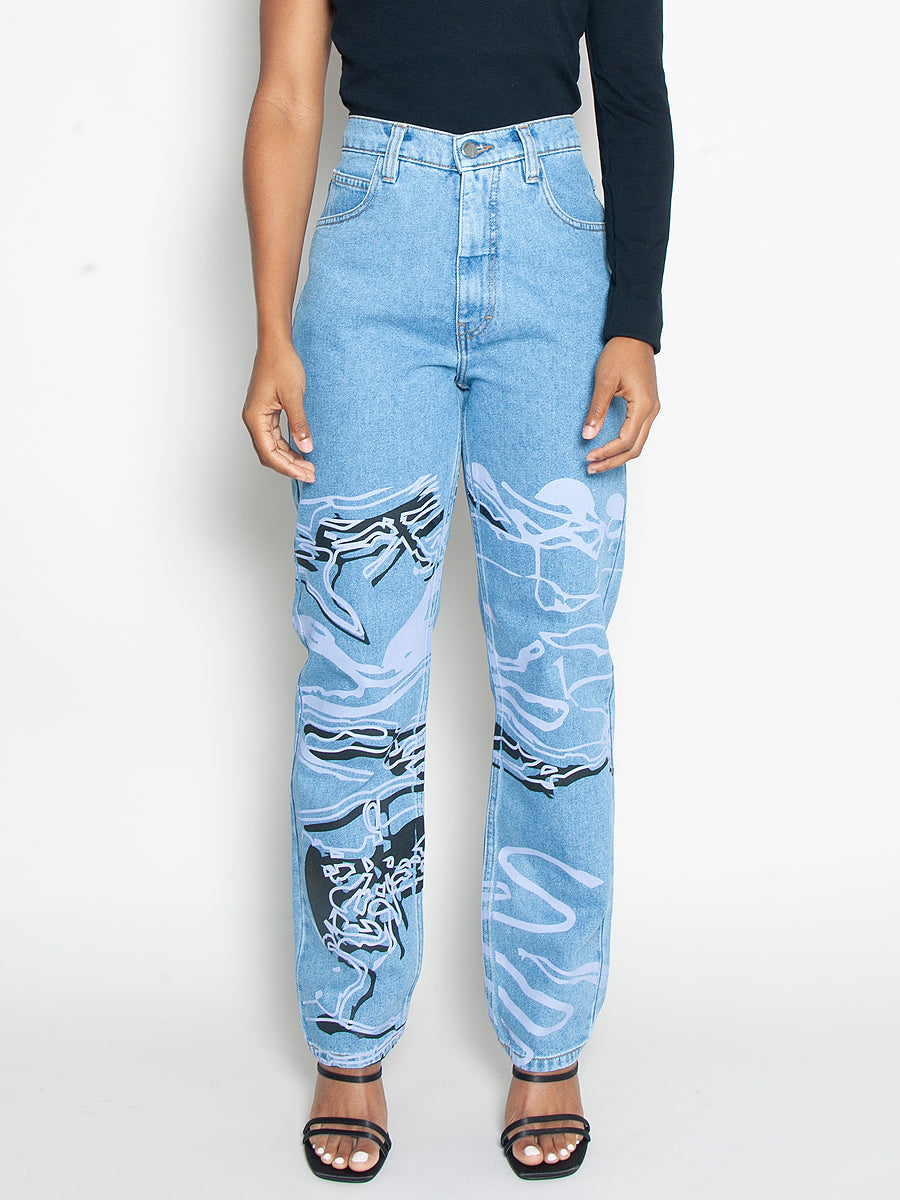 Women's High Waist Blue Jeans | Floral Print | Sustainable | Fanfare