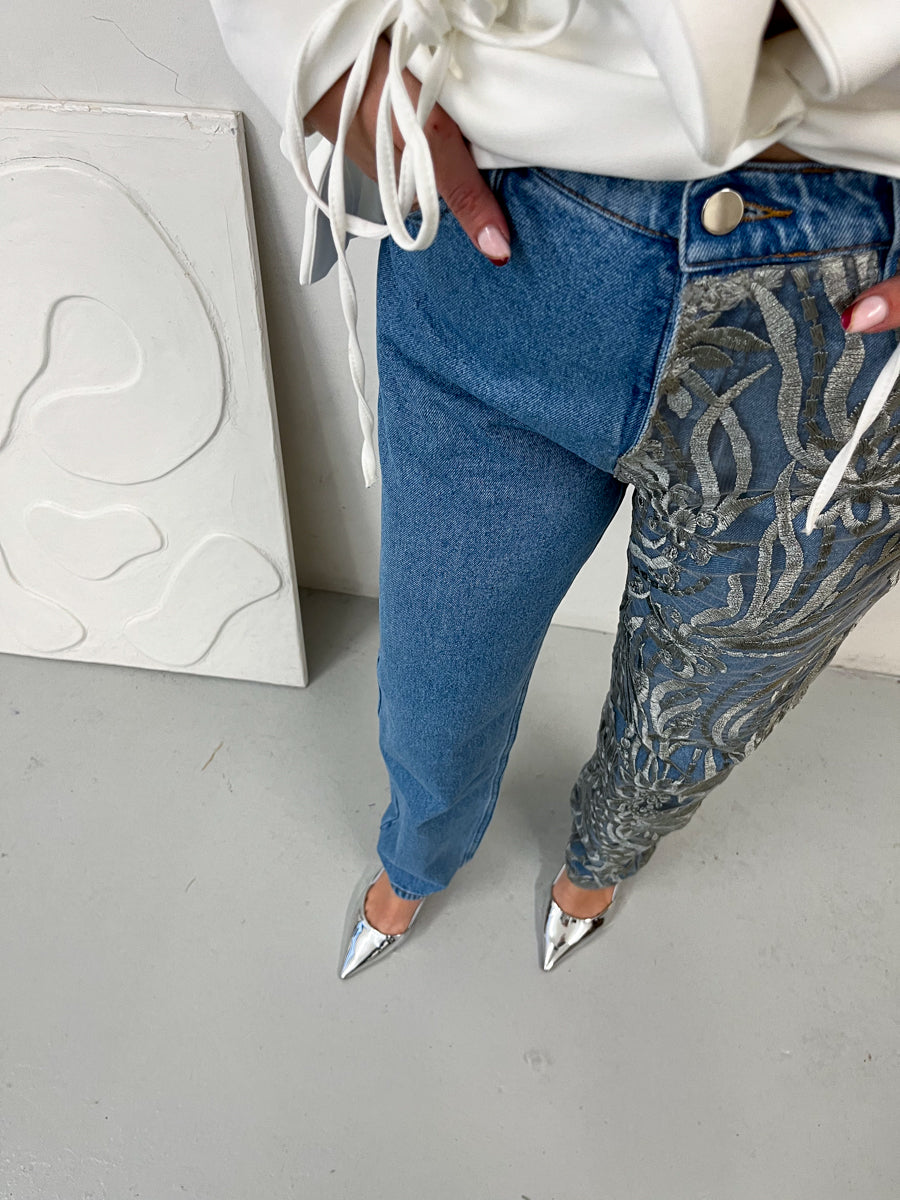 Rita High Waisted Organic Mom Fit Sparkle Jeans Silver