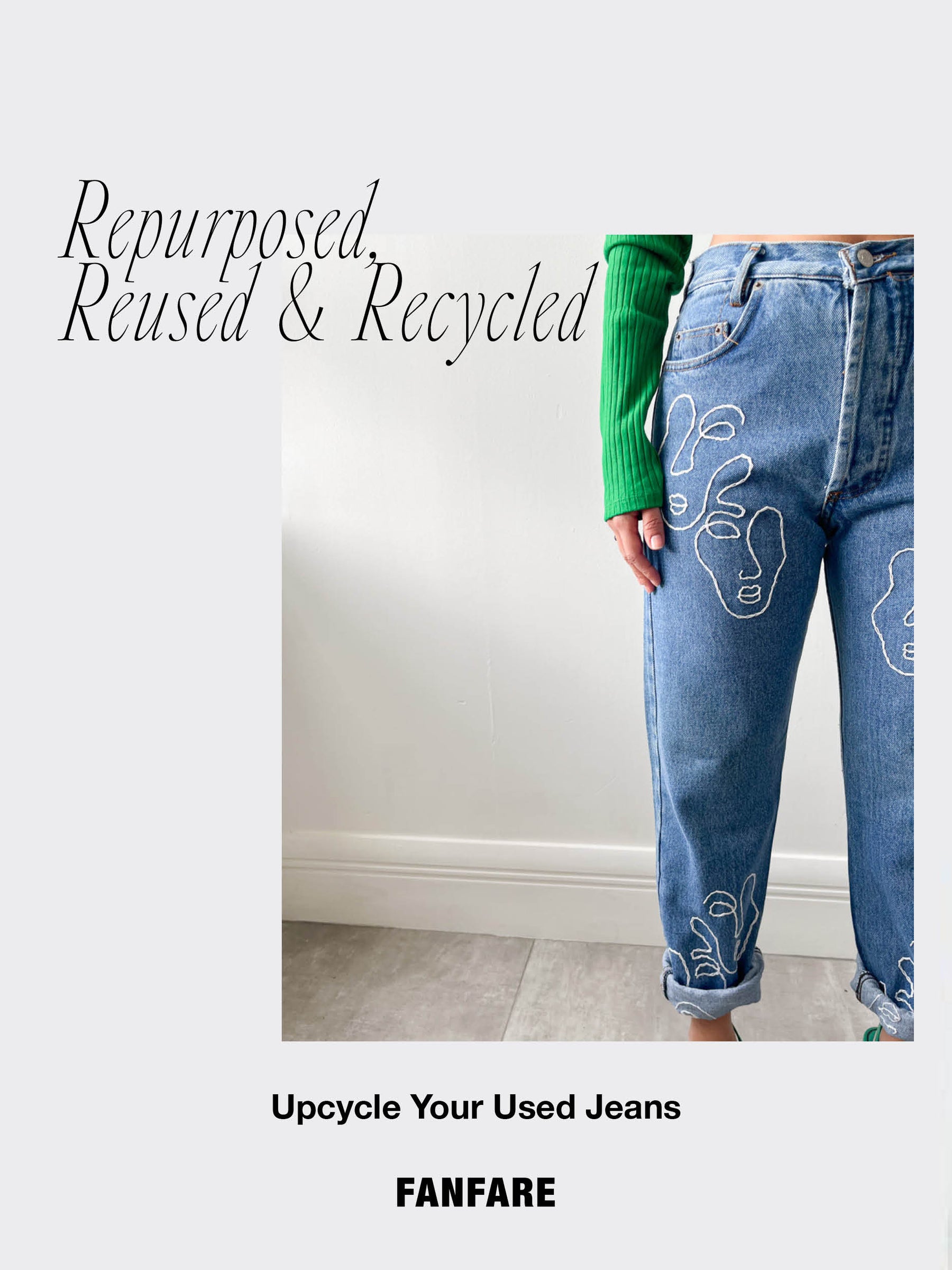 Send us your worn-out jeans and we’ll repair and upcycled them to give them a second chance in your wardrobe. We can embroider any pattern, any writing, or even paint artwork directly onto the jeans to create a style that is completely unique to you. Produced by Fanfare Label, a contemporary sustainable womenswear brand.