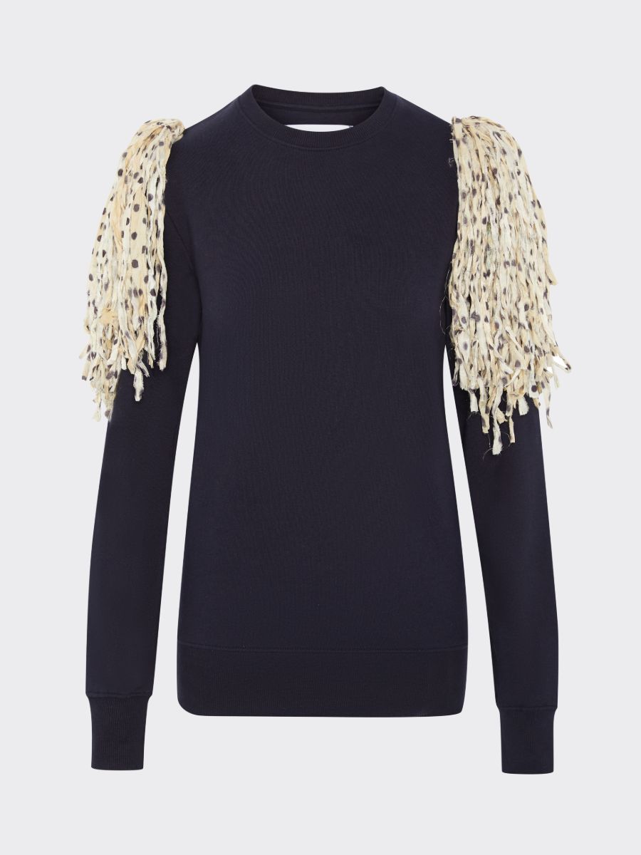 Organic Cotton Fringe Sleeve Jumper Navy, Fanfare Label Sustainable Womens Clothing