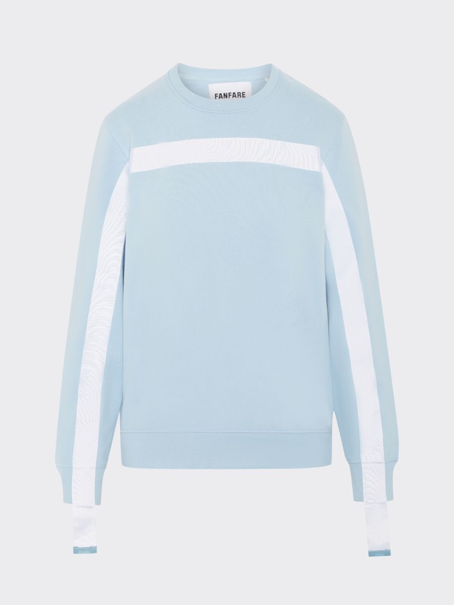 100% Gots certified organic cotton jumper in blue with a white stripe across the chest & down the arms. Made by sustainable clothing brand Fanfare Label.
