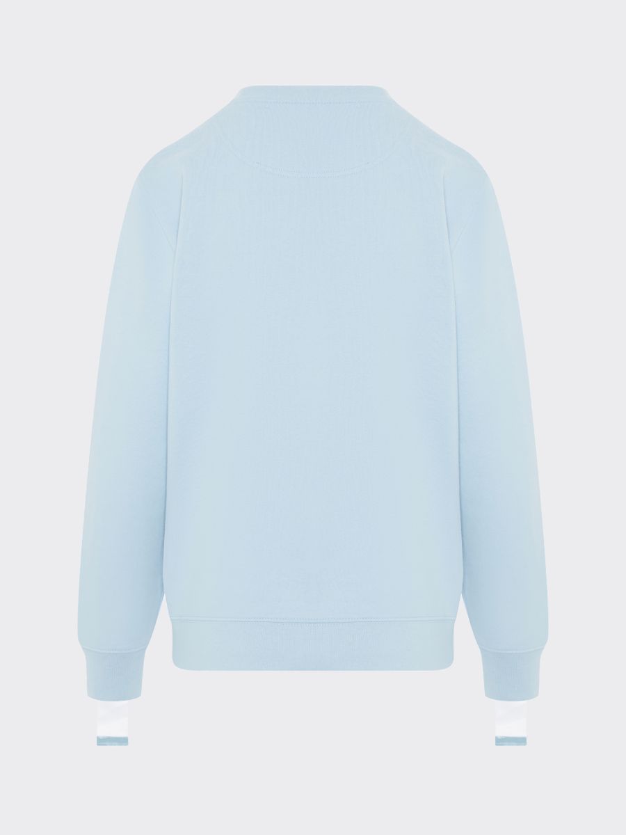 100% Gots certified organic cotton jumper in blue with a white stripe across the chest & down the arms. Made by sustainable clothing brand Fanfare Label.