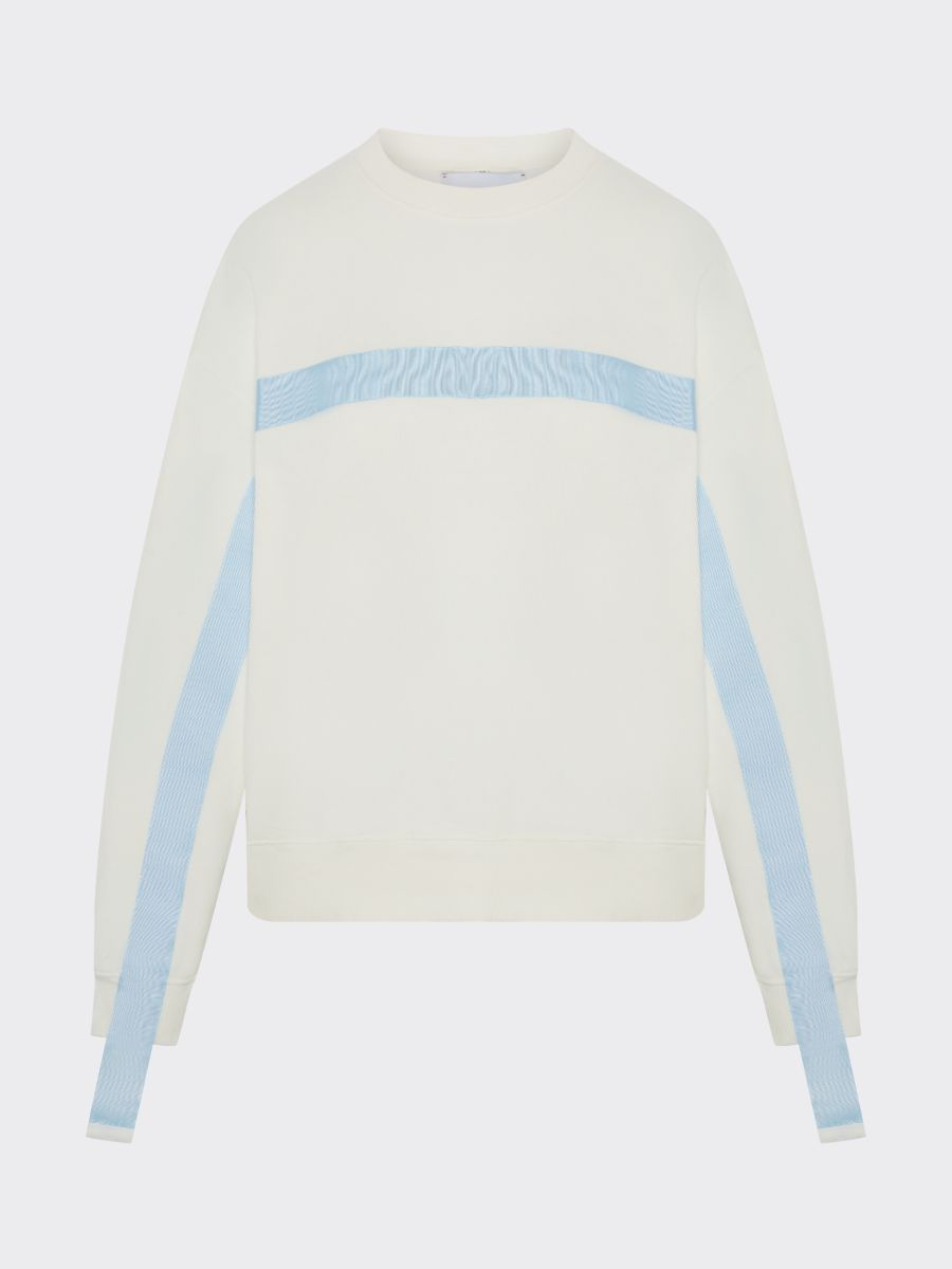 100% Gots certified organic cotton jumper in white with an blue stripe across the chest & down the arms. Made by sustainable clothing brand Fanfare Label.