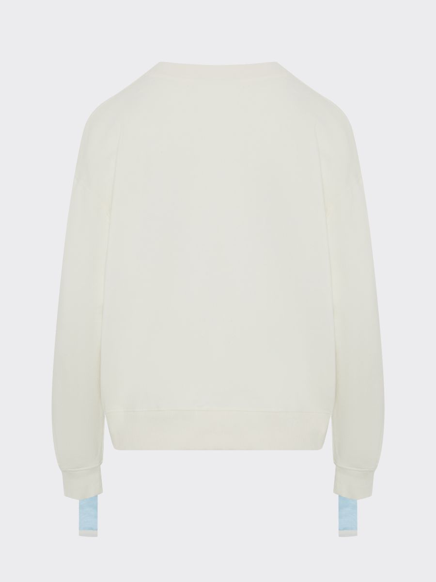 100% Gots certified organic cotton jumper in white with an blue stripe across the chest & down the arms. Made by sustainable clothing brand Fanfare Label.