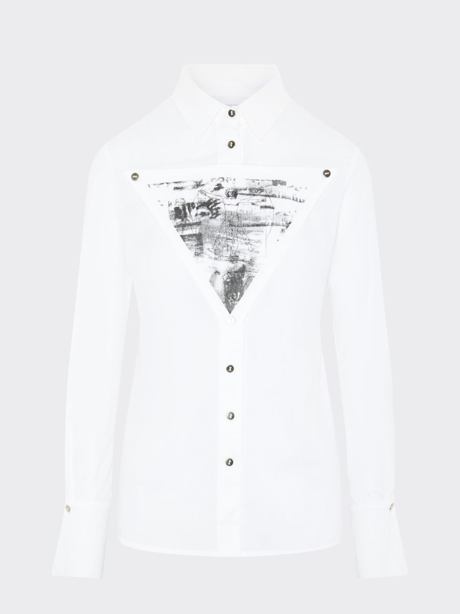 Organic Cotton White Shirt made in the UK by sustainable women's clothing brand Fanfare. This white shirt is long line, slim fit & has a detachable black printed triangle on the front.