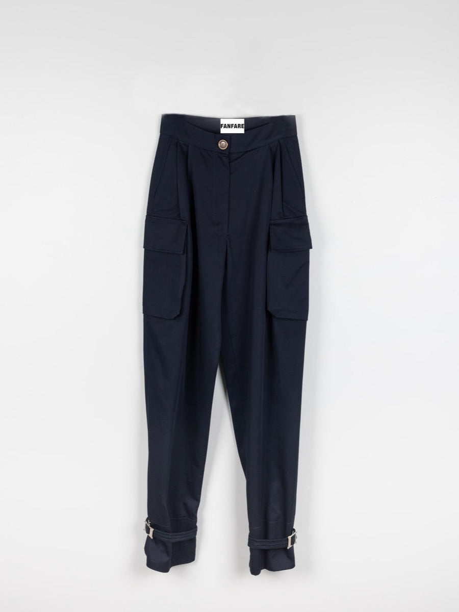 Organic Cotton Navy Utility Cargo Pant with two side pockets & buckles on the ankles. Sustainably made in the UK by ethical clothing brand Fanfare Label