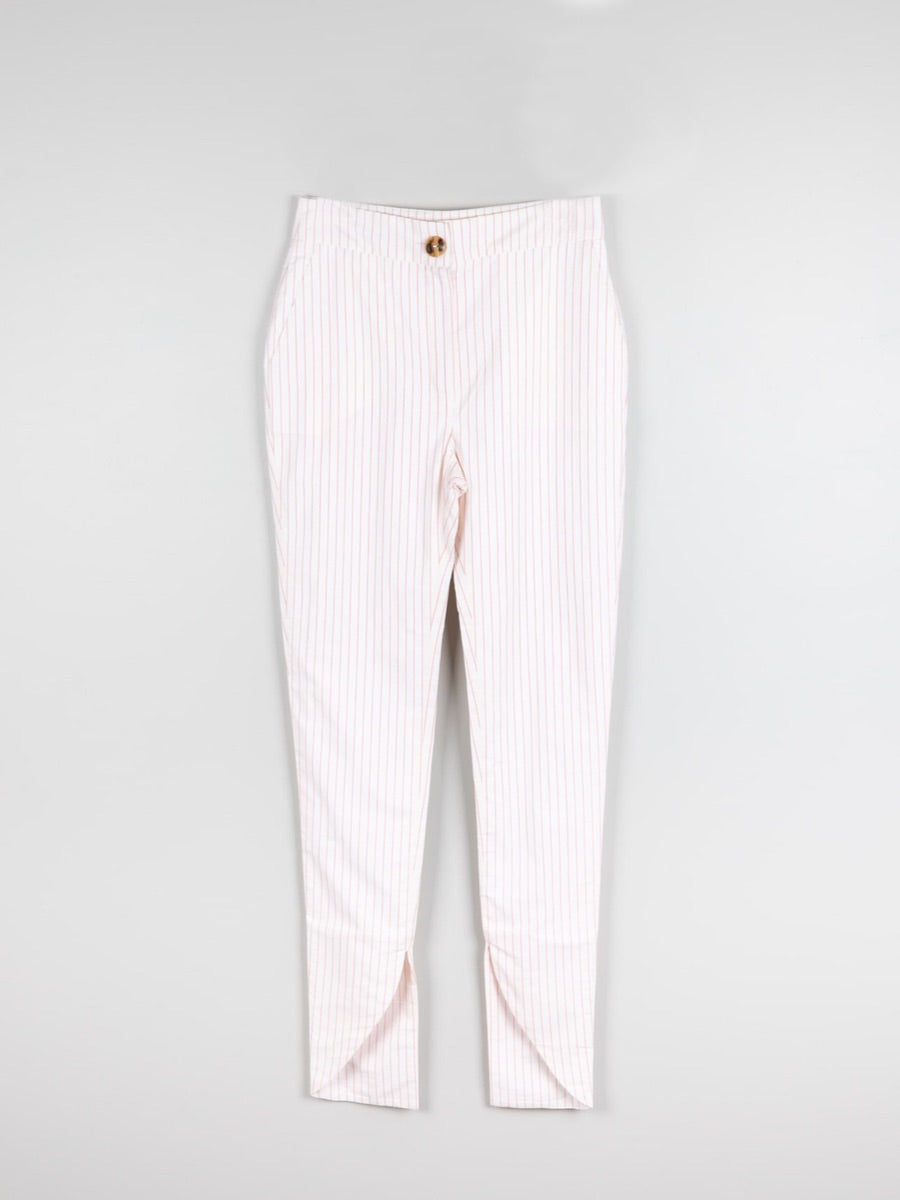 100% Organic Cotton Red & White Stripe Skinny Trousers with a cutaway ankle cuff. Created by Fanfare Label, contemporary sustainable womenswear brand.