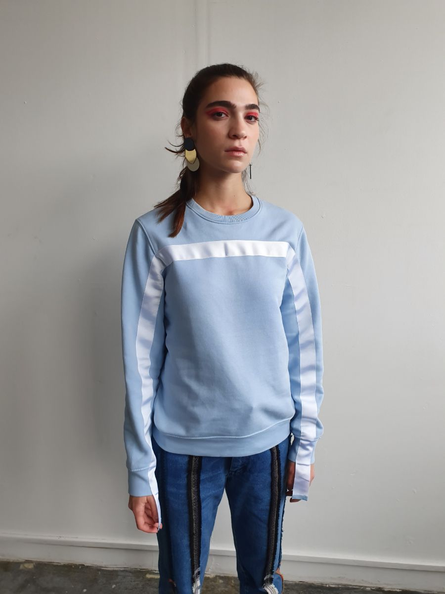 100% Gots certified organic cotton jumper in blue with a white stripe across the chest & down the arms. Made by sustainable clothing brand Fanfare Label.