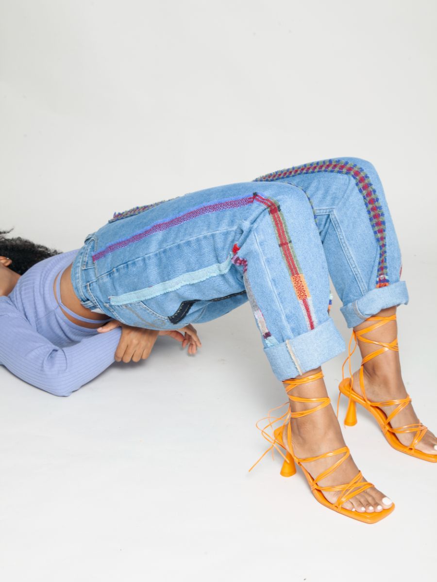 High Waisted Organic & Recycled Stripe Wool Blue Jeans