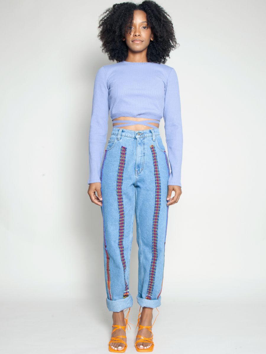 High Waisted Organic & Recycled Stripe Wool Blue Jeans