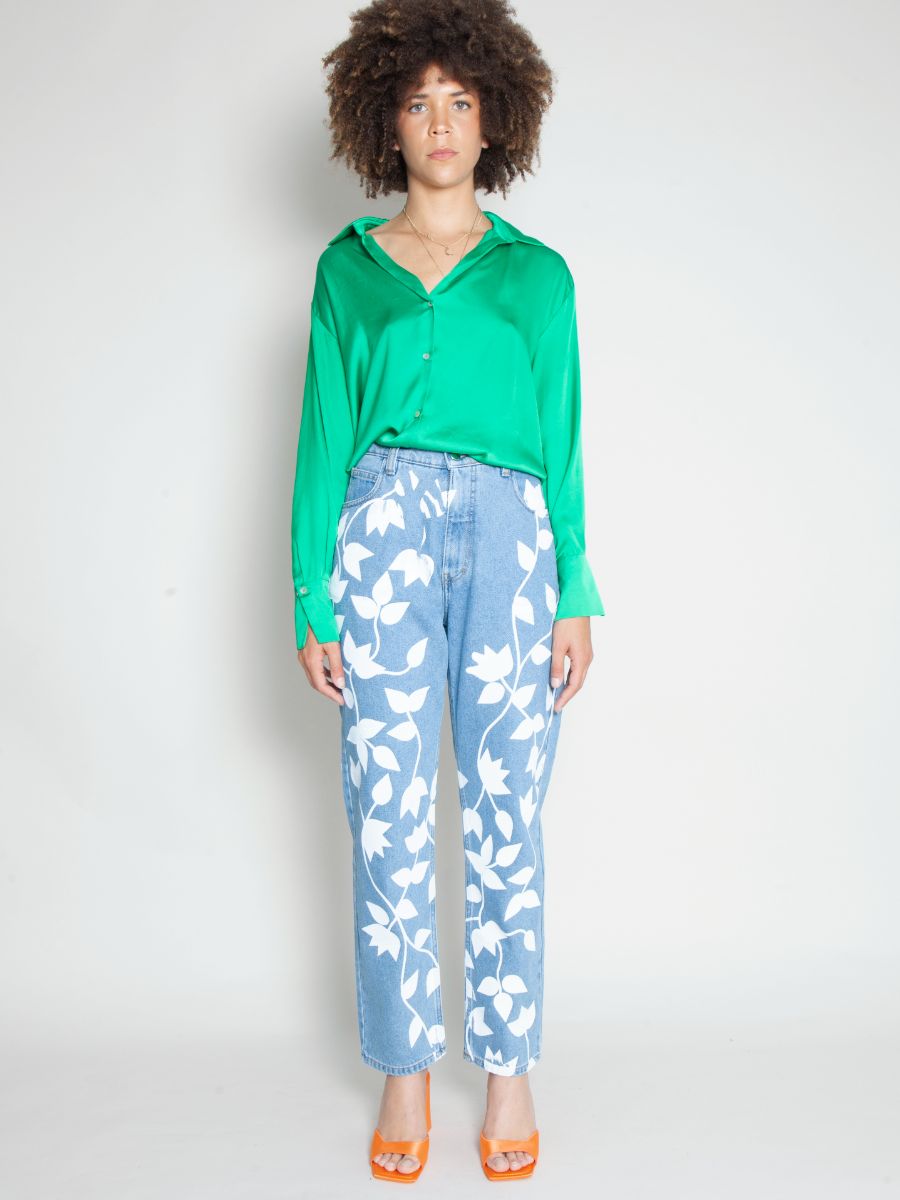 Women's High Waist Blue Jeans | Floral Print | Sustainable | Fanfare