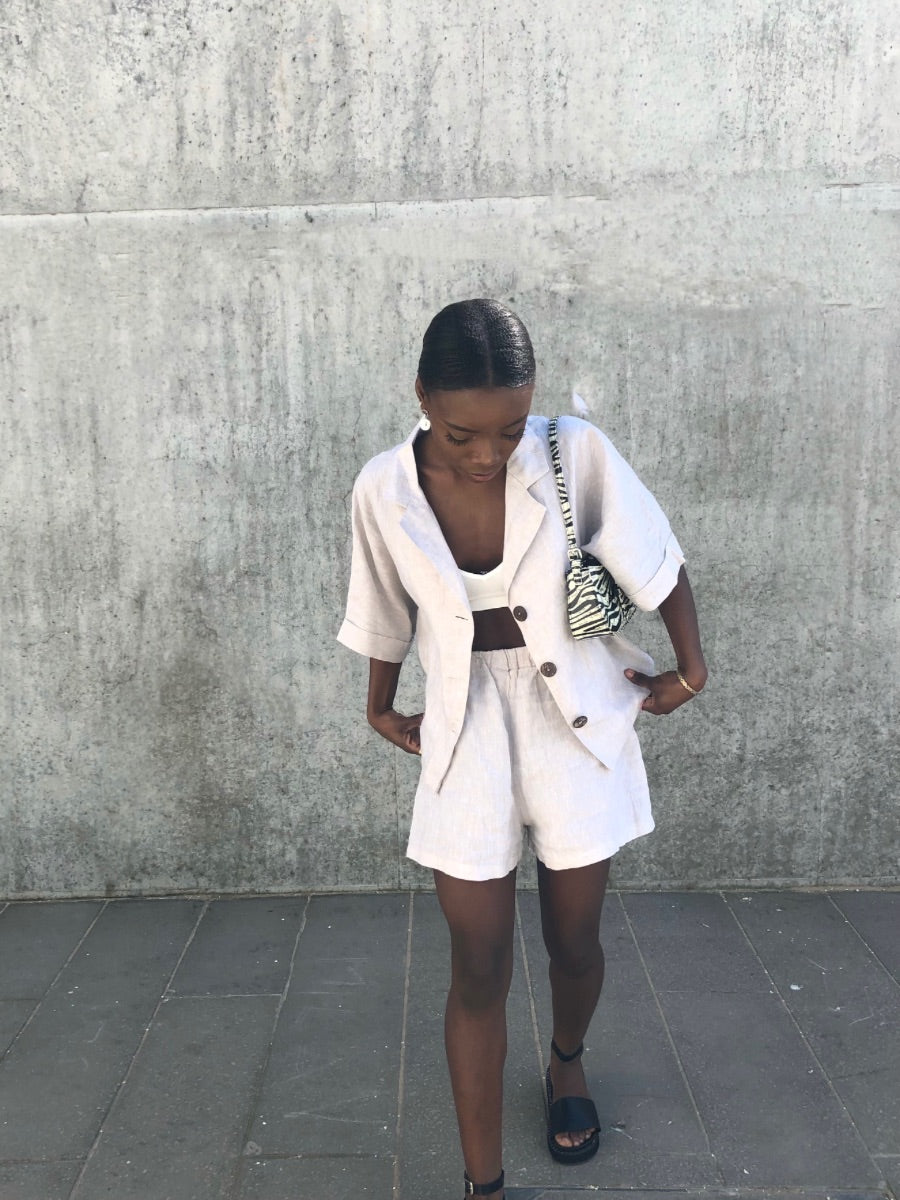 Women's Linen Shirt & Shorts Co-ord Set in Beige | Sustainable | Fanfare