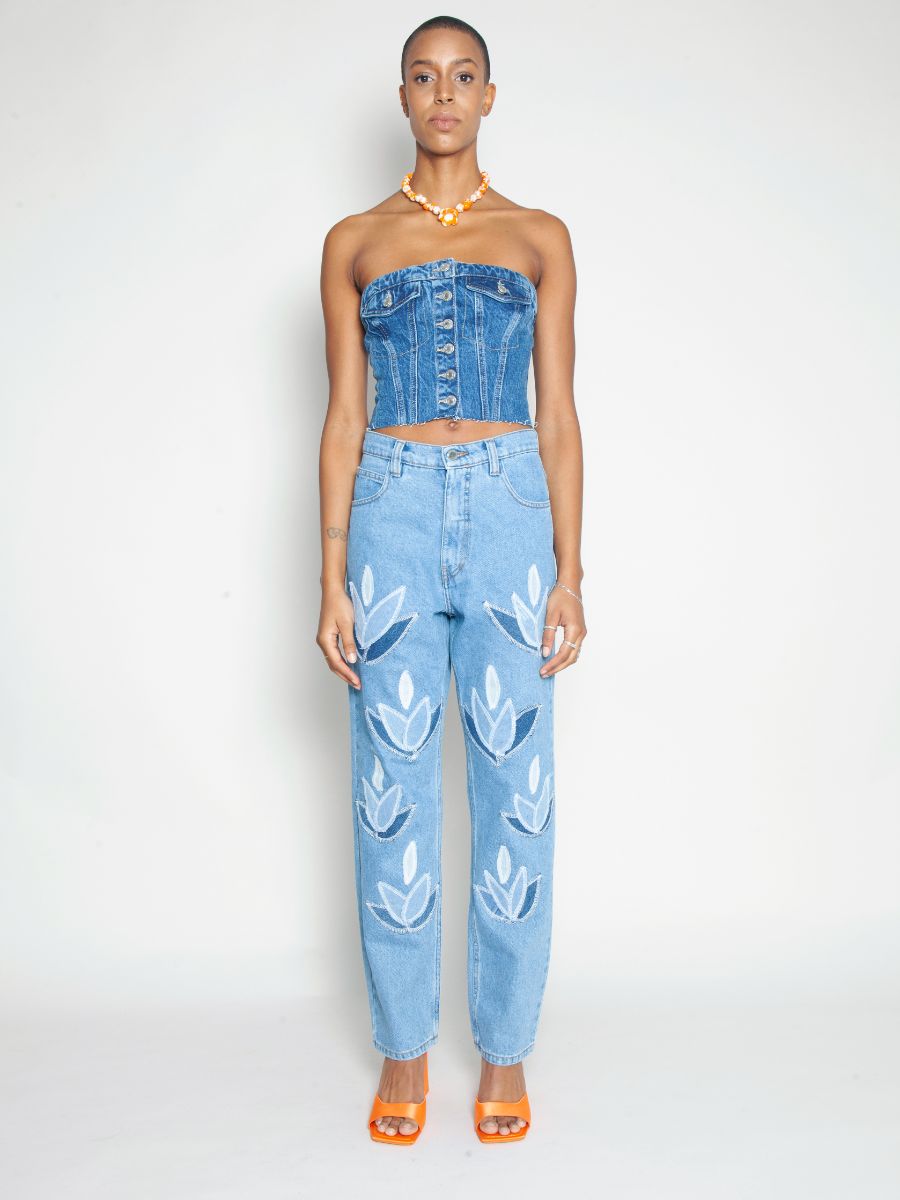 Women's High Waist Blue Jeans | Floral Embroidery | Sustainable | Fanfare