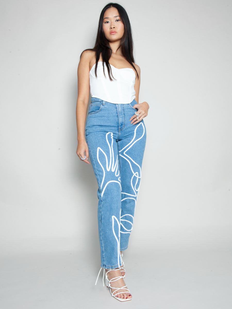 Women's High Waist Blue Jeans | Floral Trim | Sustainable| Fanfare