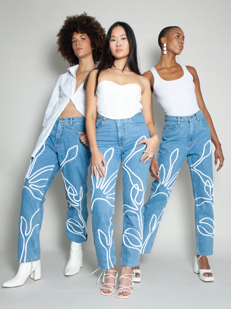 Women's High Waist Blue Jeans | Floral Trim | Sustainable| Fanfare