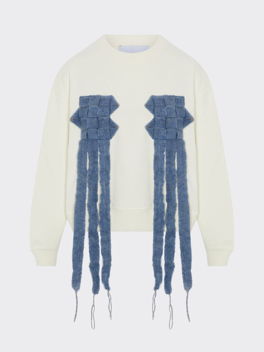 Women's White Oversized Jumper with Patterned Trim | Organic Cotton | Fanfare